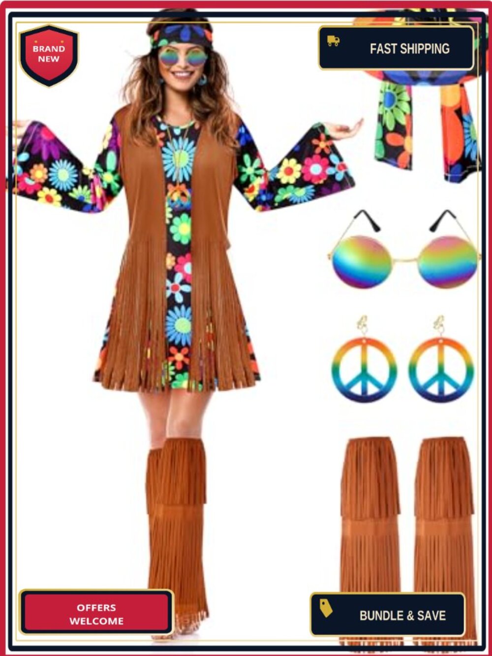 SATINIOR Hippie Costume Set 6-Piece 60s 70s Disco Outfit Polyester Spandex